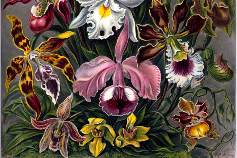 Dibujo de diferentes y coloridas orquídeas.