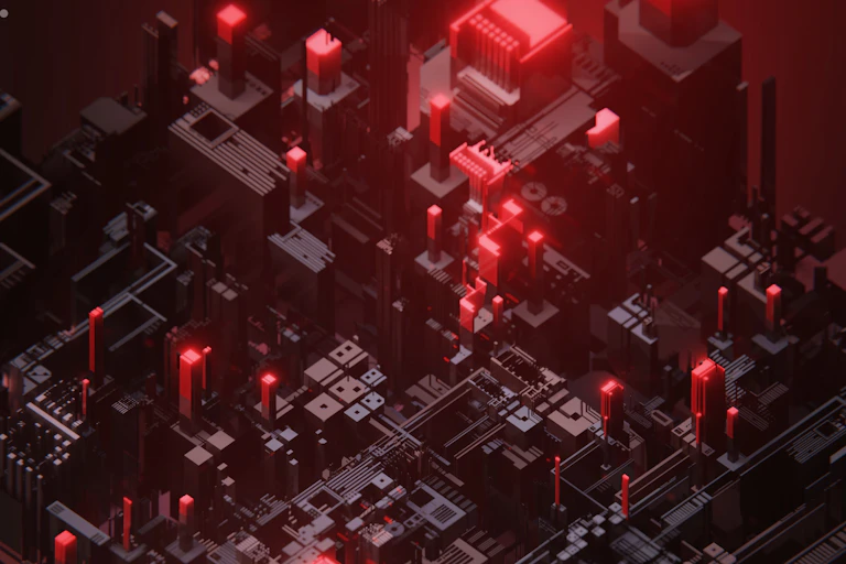 A macro photo of an electronic circuit that looks like an ominously lit cityscape