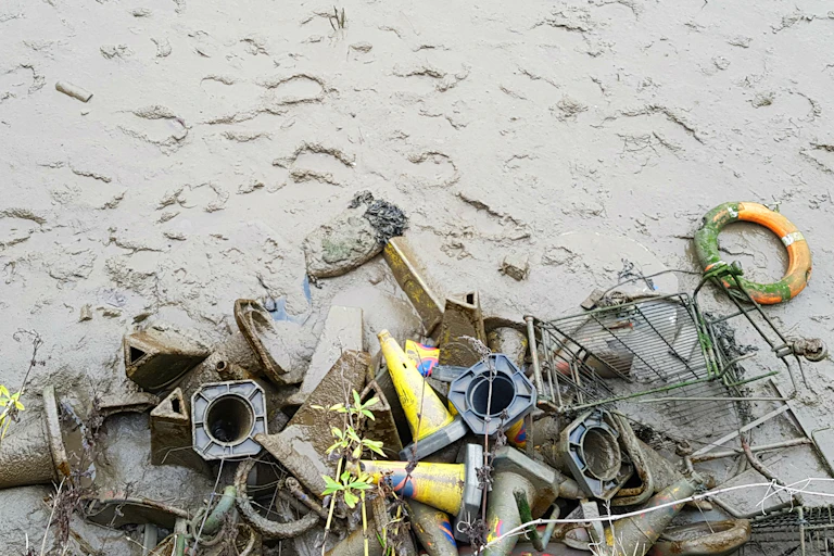 litter on riverbed