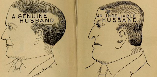 Two sketches of heads, one reading 'a genuine husband' the other 'an unreliable husband'.