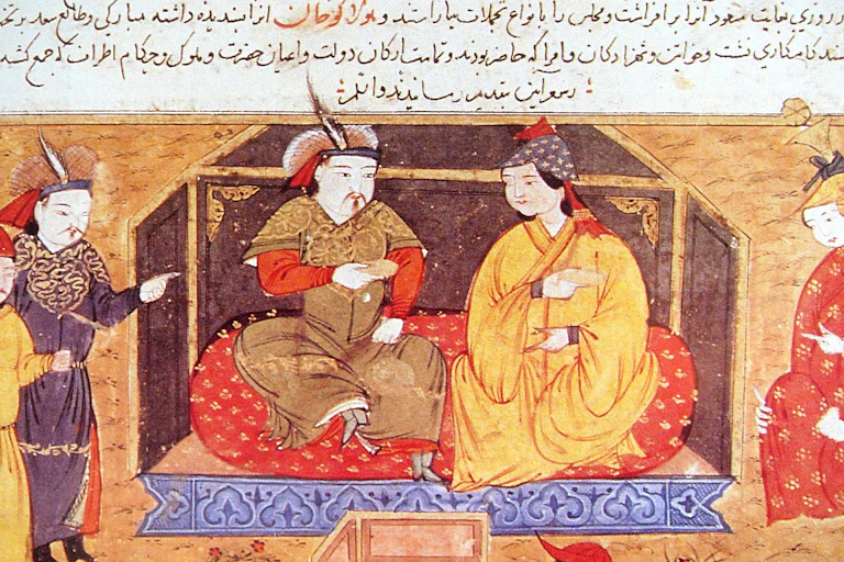 A painting showing an emperor and empress seated on a cushion with attendants standing next to them.
