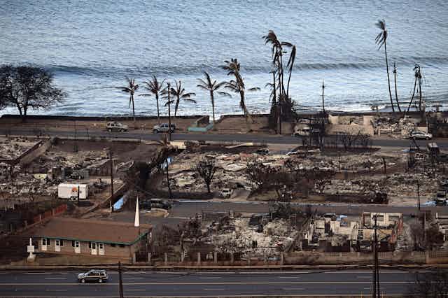 Charred buildings and palm trees by the ocean