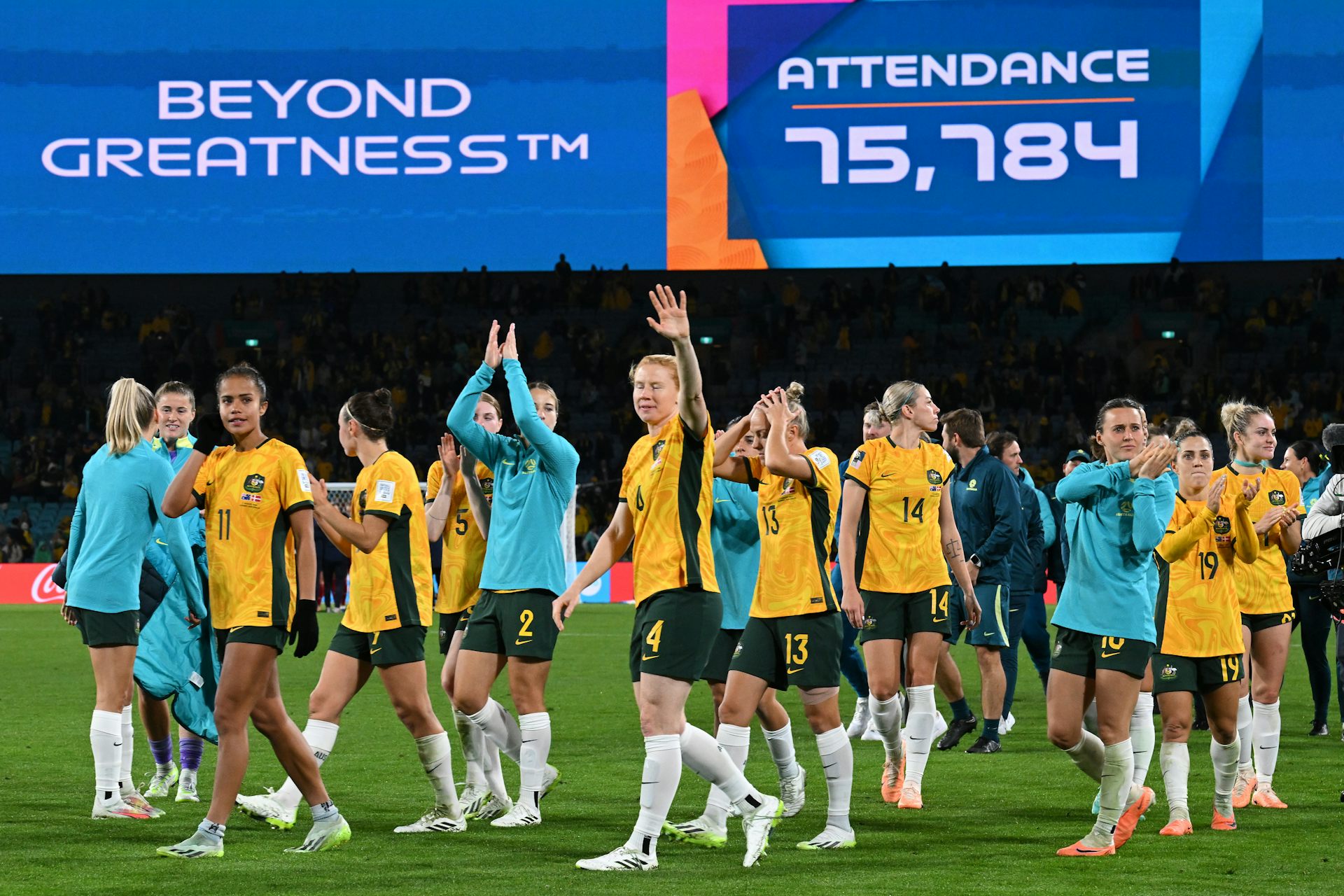 Matildas players gesture to the crowd after defeating Denmark in the FIFA Women's World Cup 2023 Round of 16