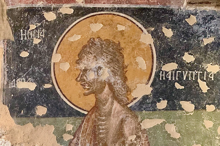 Wall painting of Mary of Egypt in Pantanassa, Mystras, Greece