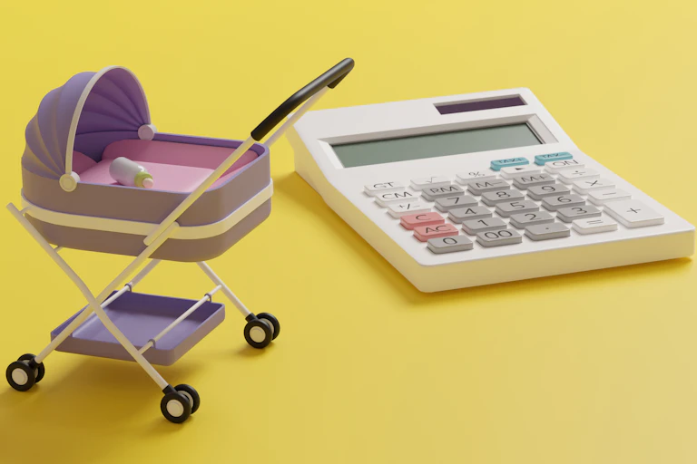 Image of a miniature pram and bottle beside a calculator, yellow background.