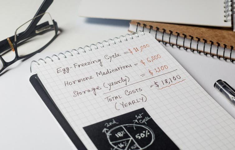 Pad on desk showing handwritten egg freezing calculations, beside glasses, a pen and some other notebooks.