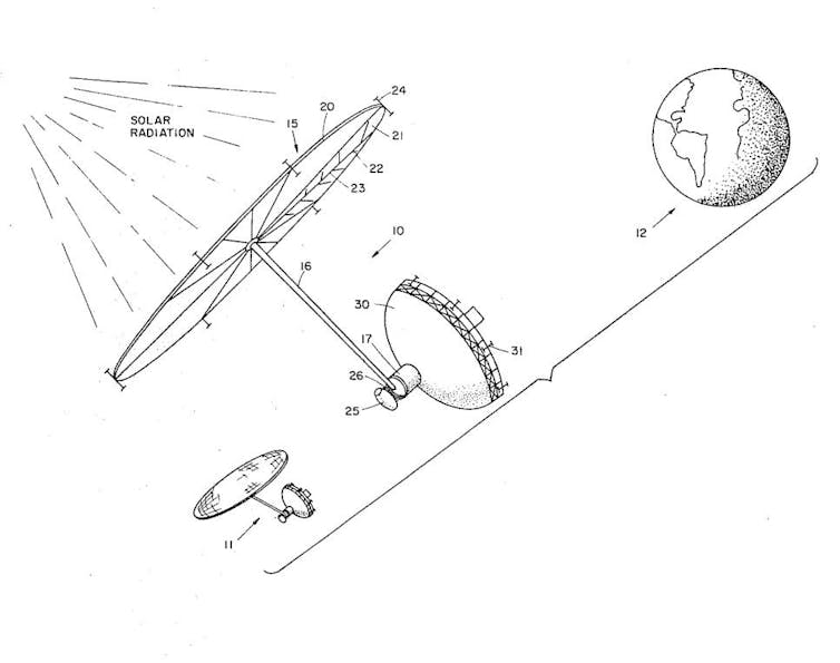 Drawing from U.S. Patent depicting Peter Glaser’s satellite-based method for converting solar radiation to electrical power.