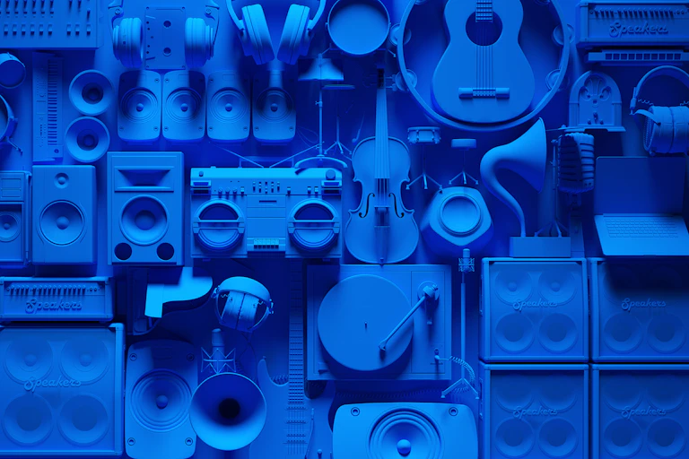 Illustration of blue speakers, turntables and various instruments hanging on a wall.