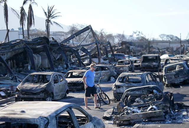 A man wearing flipflops, shorts and a T-shirt walks through wildfire wreckage, with burned cars along a street and collapsed metal that was once buildings. The palm trees are still standing with their fronds.