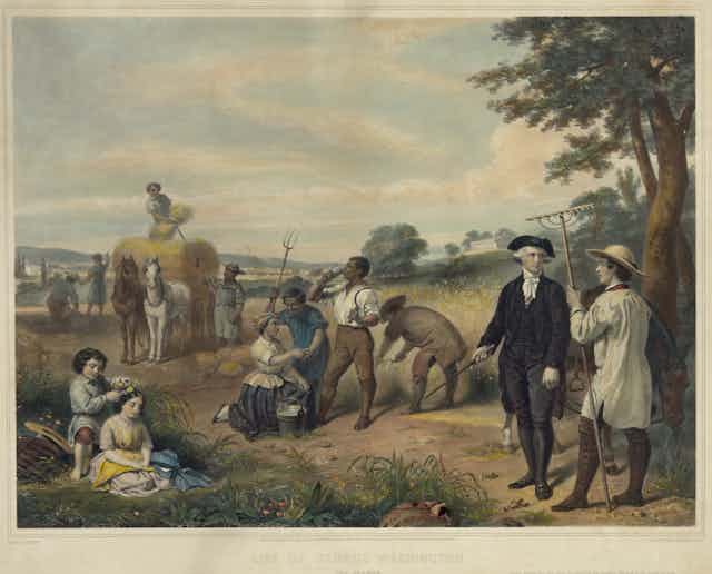 A painting shows a white man dressed in dark clothes talking with another white man who is holding a rake while Black men and women are in the field.