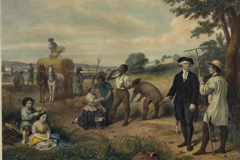 A painting shows a white man dressed in dark clothes talking with another white man who is holding a rake while Black men and women are in the field.