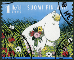 A Finnish stamp showing a Moomin charcter