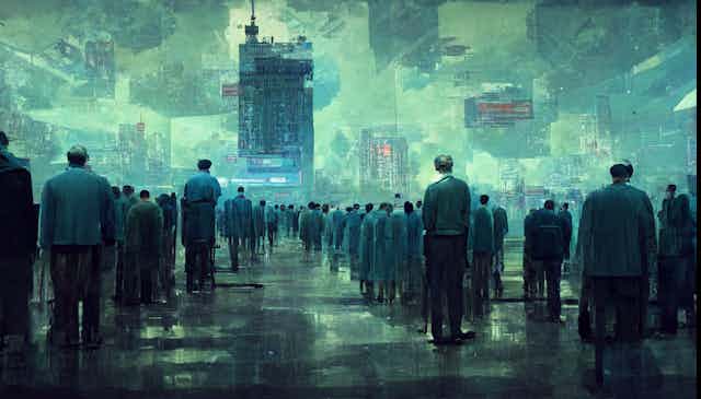 Illustration showing a downtrodden crowd in a futuristic city.