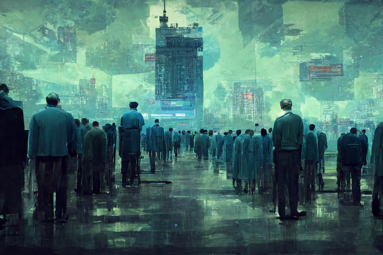 Illustration showing a downtrodden crowd in a futuristic city.