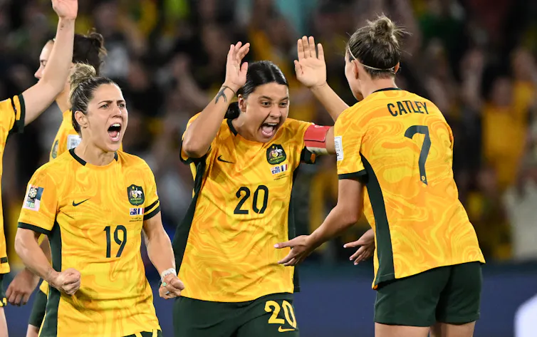 Several Matildas players celebrate and shout