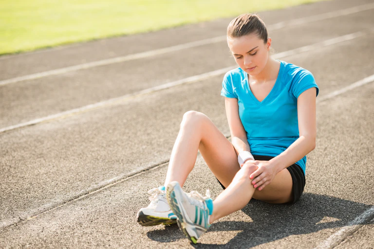 A young women sits on an outdoor running track, holding her knee in pain.