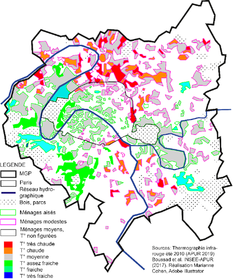 Map of the Greater Paris Metropolis showing geographic vulnerabilities to high heat