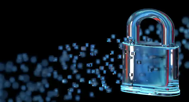 Image of a glass lock floating in cyberspace.