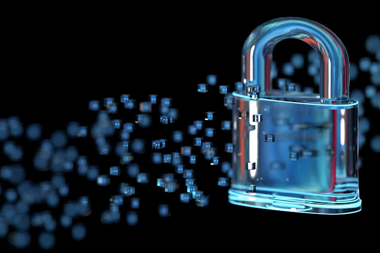 Image of a glass lock floating in cyberspace.