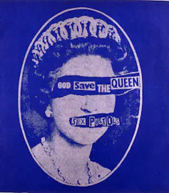 A picture of the queen with her eyes and mouths covered by words.