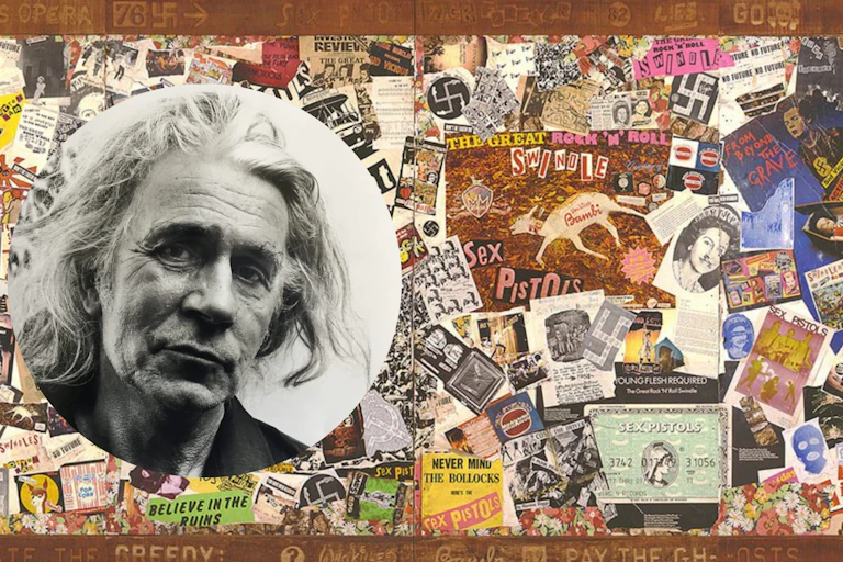 A collage wall and a picture of the artist