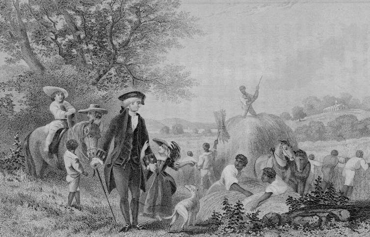 A painting shows a white man walking with a young girl as Black men and women work in nearby fields.