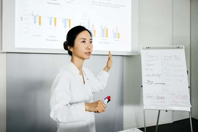 A woman holding markers points toward a screen that displays several bar graphs.