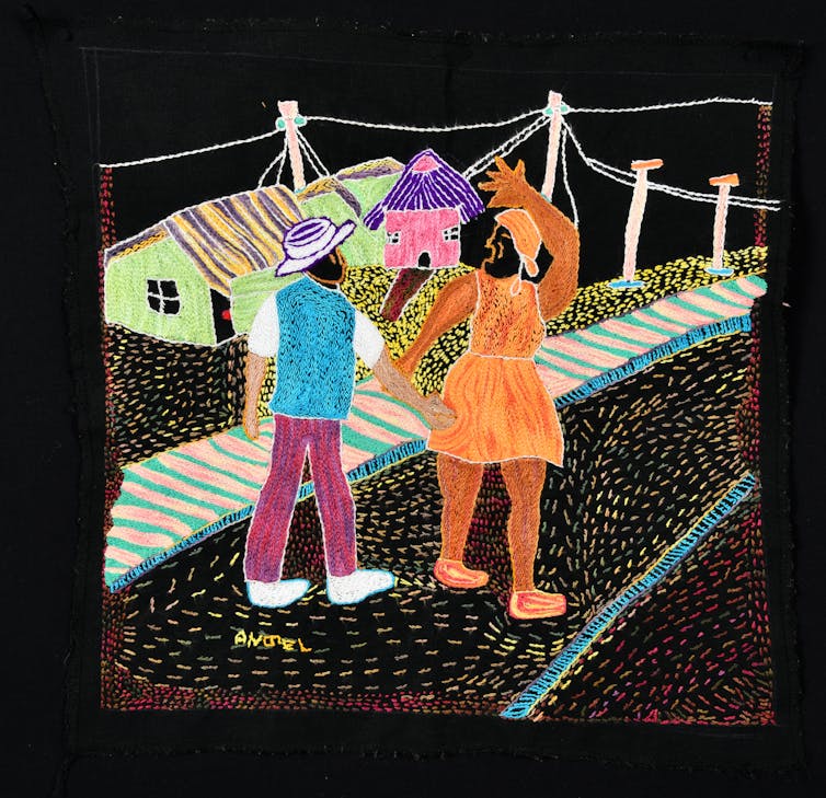 An embroidery depicts a male figure groping a woman in a street alongside some houses. She is raising her hand to object.