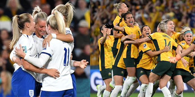 Montage of players from the England and Australian women's football teams