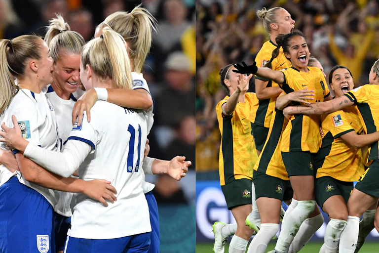 Montage of players from the England and Australian women's football teams