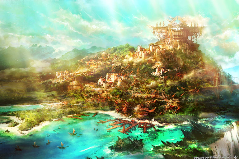 A mysterious-looking island in the video game, with a blue sea.