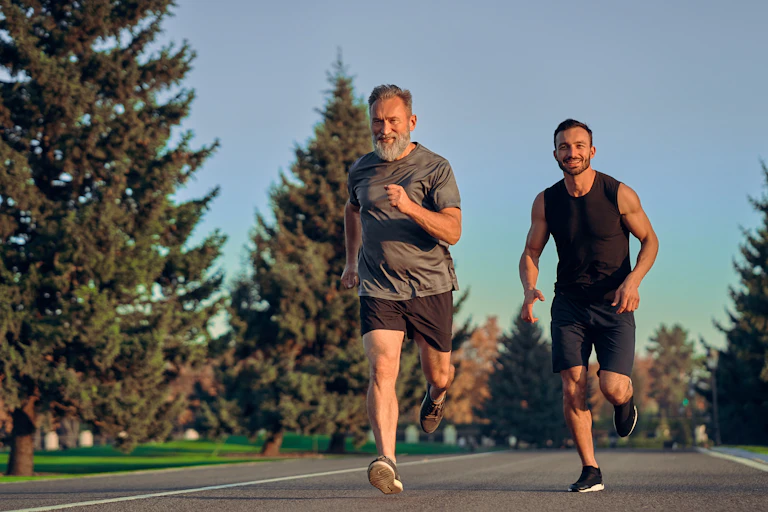 Older man runs on a track outside with a younger man.