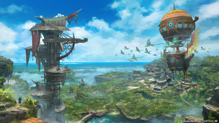 Two jungle-covered towers against a blue sky. Parrots fly between them.