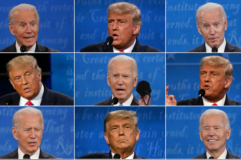 A grid show various pictures of two men in front of a microphone.