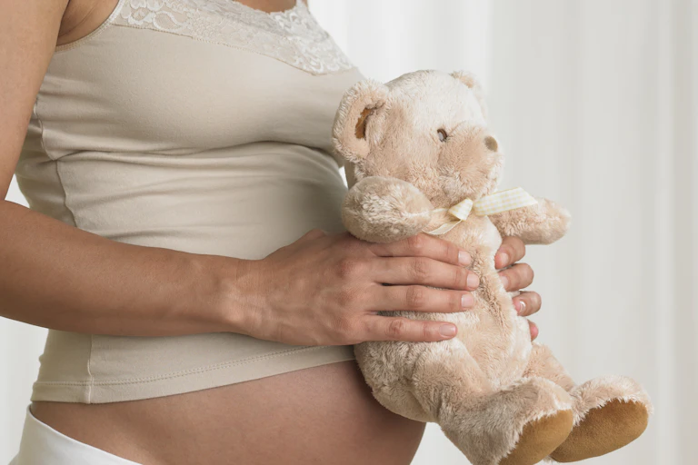 Person shown holding a teddy bear in front of a pregnant exposed belly.