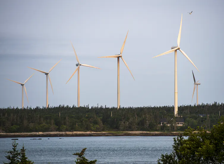A row of windmills seen from across a river