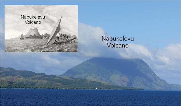 Photo of a flat-topped volcano with a beach in front, and a drawing of a similar mountain in the top left corner