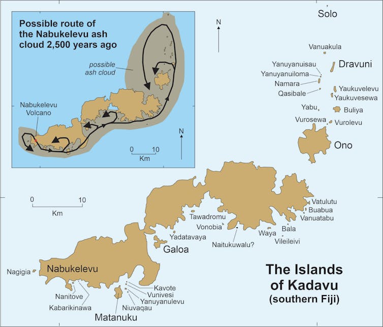 A map showing a jagged landmass with an inset showing a plume of ash swirling across it