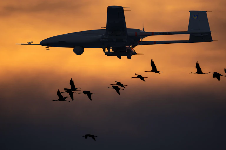 A Ukrainian Bayraktar drone in flight with a swarm of cranes