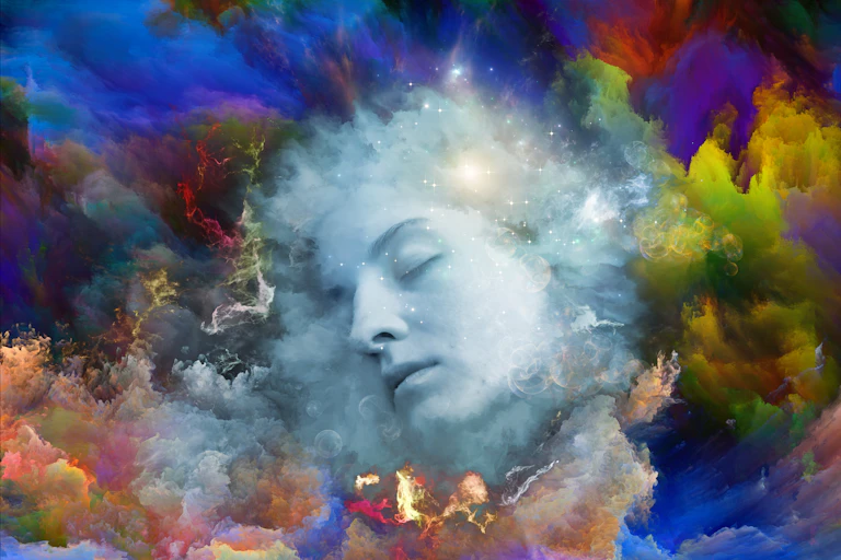 rtistic abstraction composed of human face and fractal smoke nebula on the subject of human mind, imagination, memory and dreams
