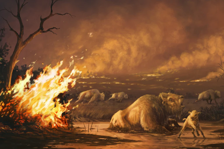 An artist's rendition of a bison entrapped in a tar pit as wildfires burn