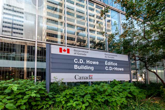 a government building. the sign in front reads GOVERNMENT OF CANADA CD HOWE BUILDING