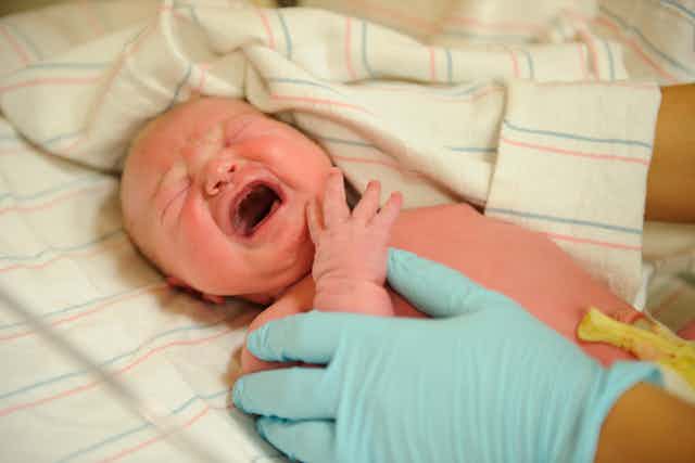 Newborn baby crying, gloved hand of midwife on baby's arm