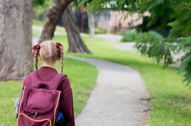 A child in school uniform walks with a backpack on.