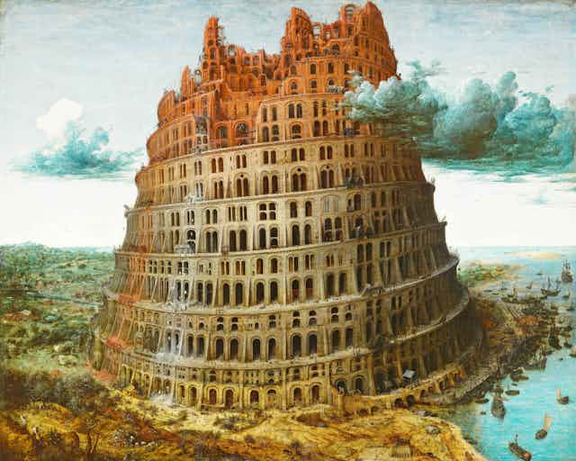 A painting showing a large unfinished tower rising to the sky.