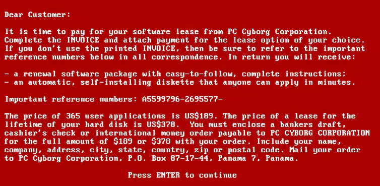 Early form of white computer text on red background