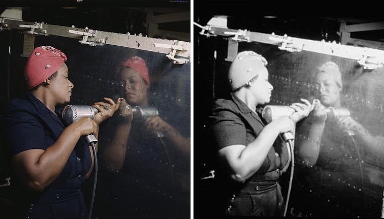 Misma fotografía, en color y blanco y negro, de una mujer operando un taladro manual en Vultee-Nashville.