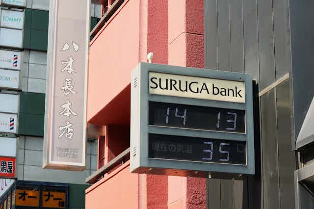 A bank exterior with a numerical display showing the time and temperature.