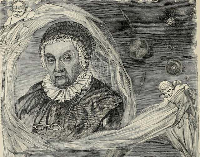 Black and white sketch of two elderly people, a man and a woman, surrounded by stars, planets, and a telescope