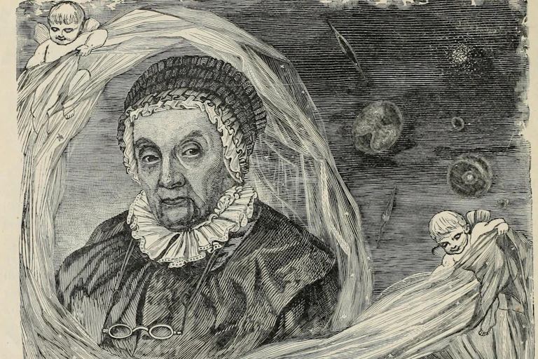 Black and white sketch of two elderly people, a man and a woman, surrounded by stars, planets, and a telescope